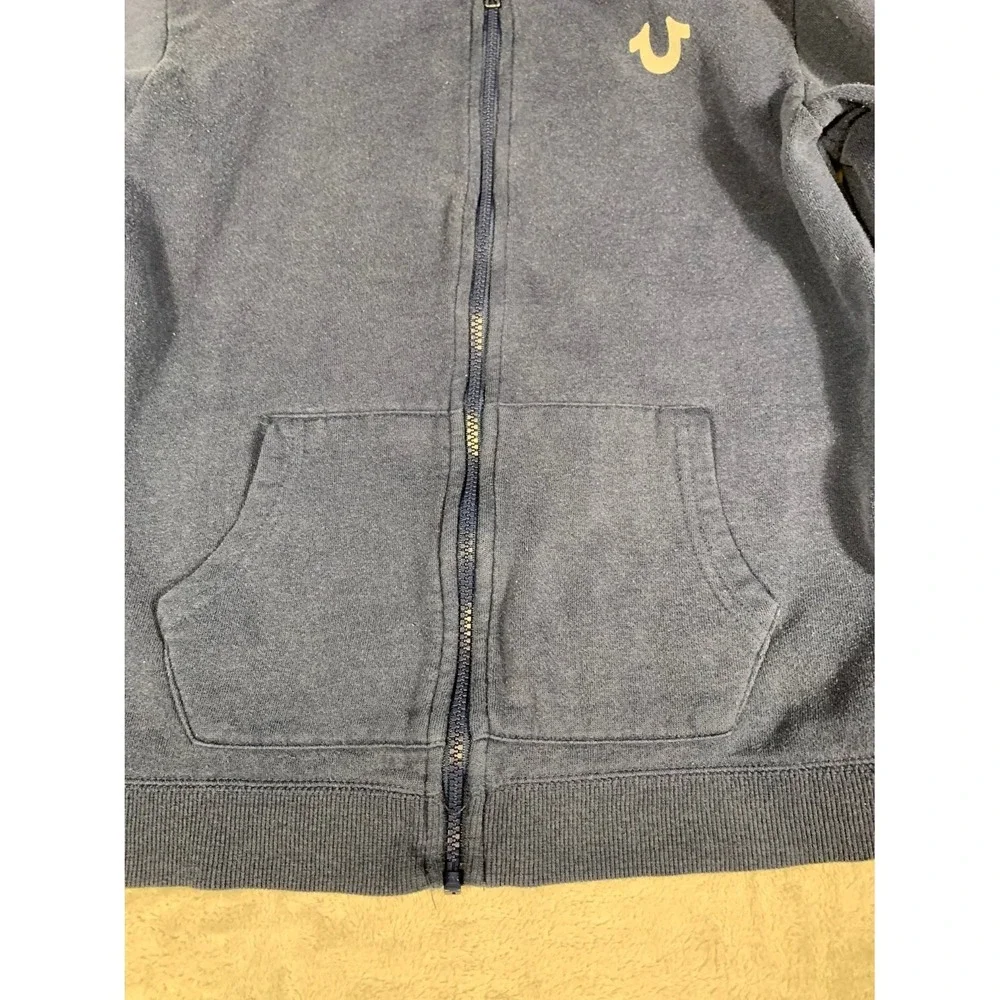 True Religion Men Size L Navy Blue Full Zip Hoodie Chenille Hood Logo